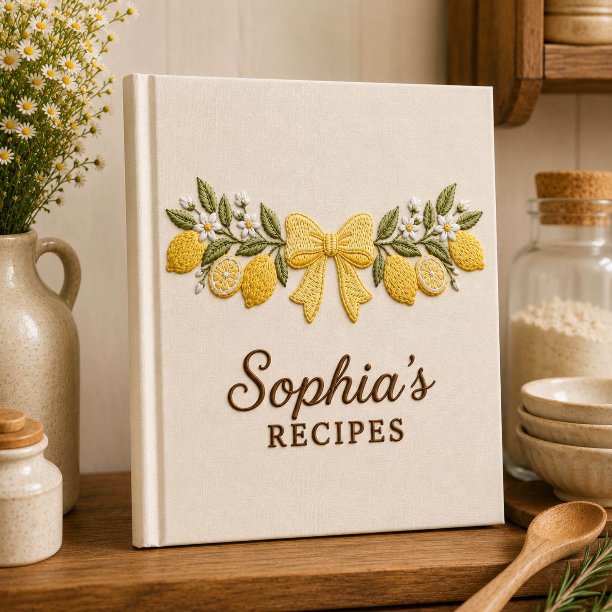 Personalized lemon blossom hand embroidered recipe book featuring lemons, lemon slices, white flowers, greenery, and decorative bow embroidery on linen cover