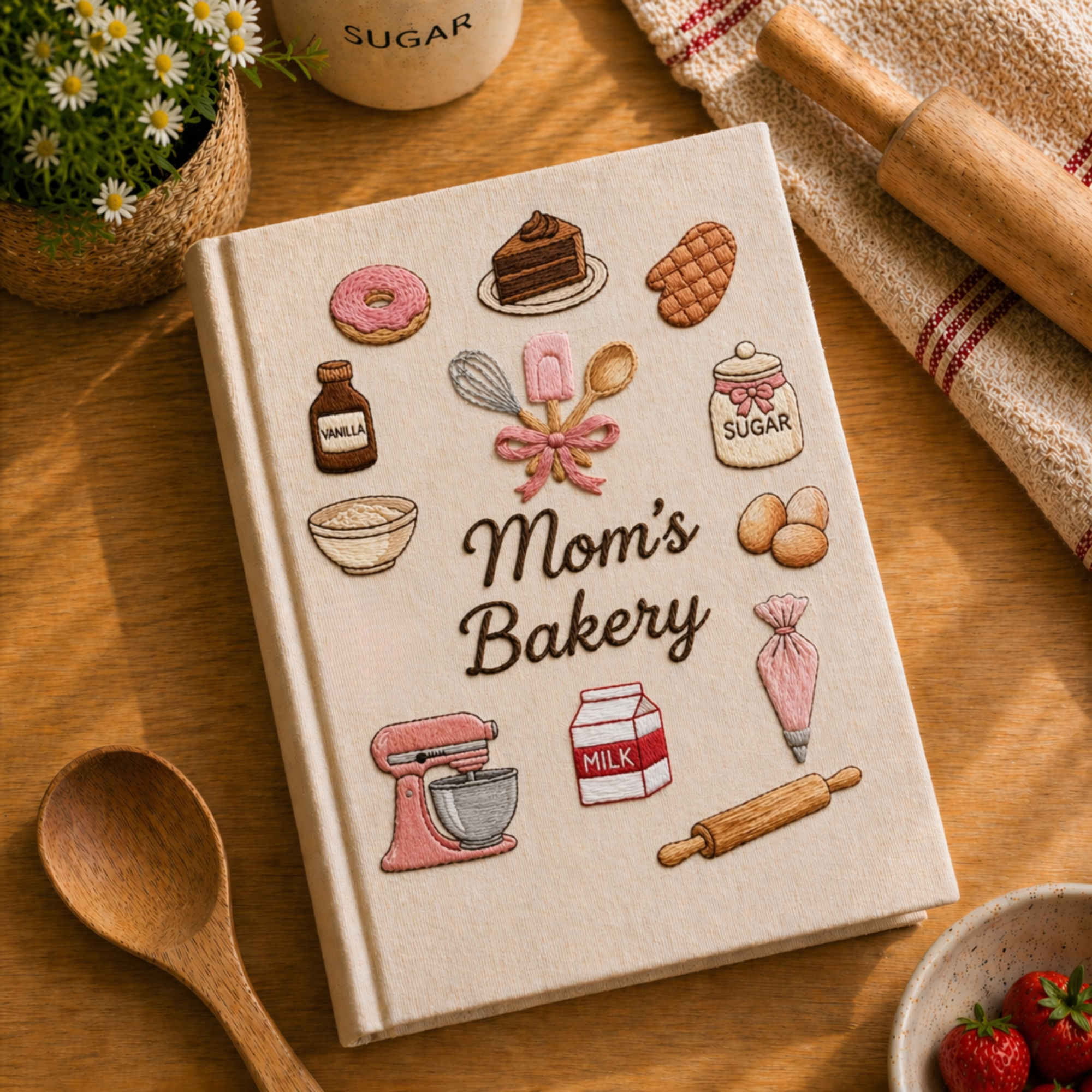 Personalized embroidered bakery recipe book handmade linen cookbook kitchen journal gift