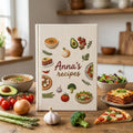 Hand embroidered recipe book featuring vegetables salads pizza lasagna soups herbs and family meal inspired food illustrations on linen cover