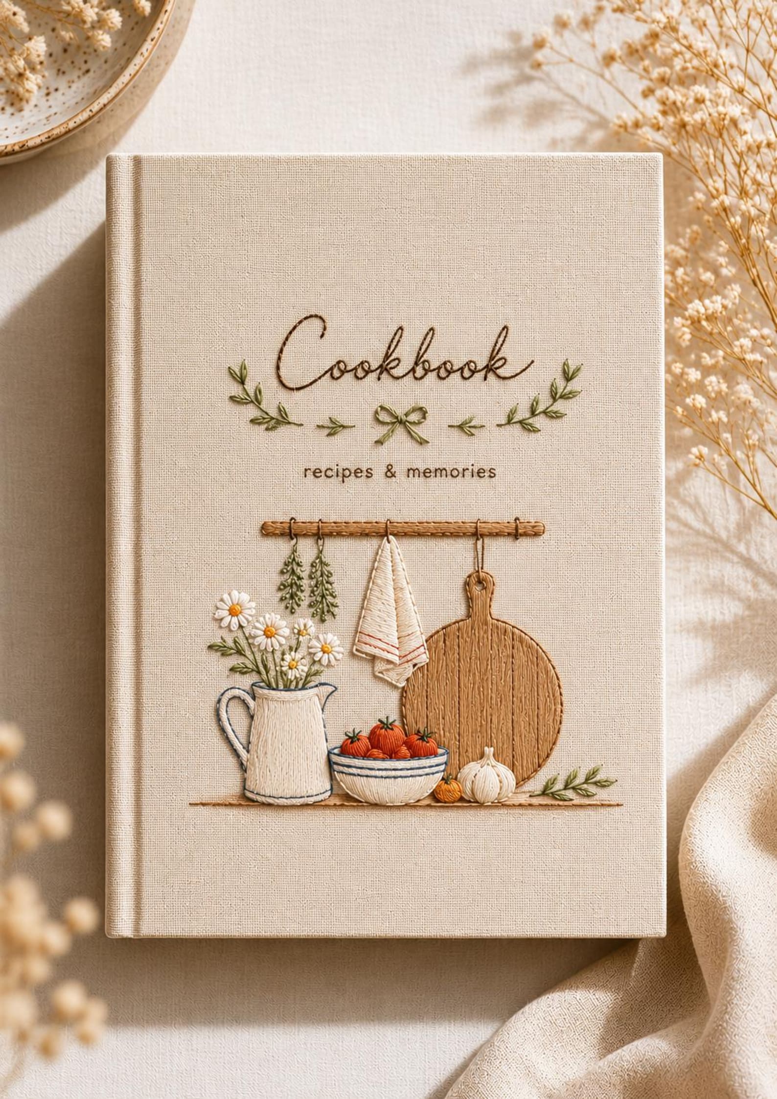 Hand embroidered farmhouse cookbook featuring rustic kitchen shelf daisies tomatoes herbs garlic and wooden cutting board on linen cover