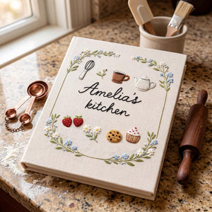 Hand embroidered recipe book featuring strawberries cookies cupcake teapot teacup whisk and floral wreath with personalized kitchen text.