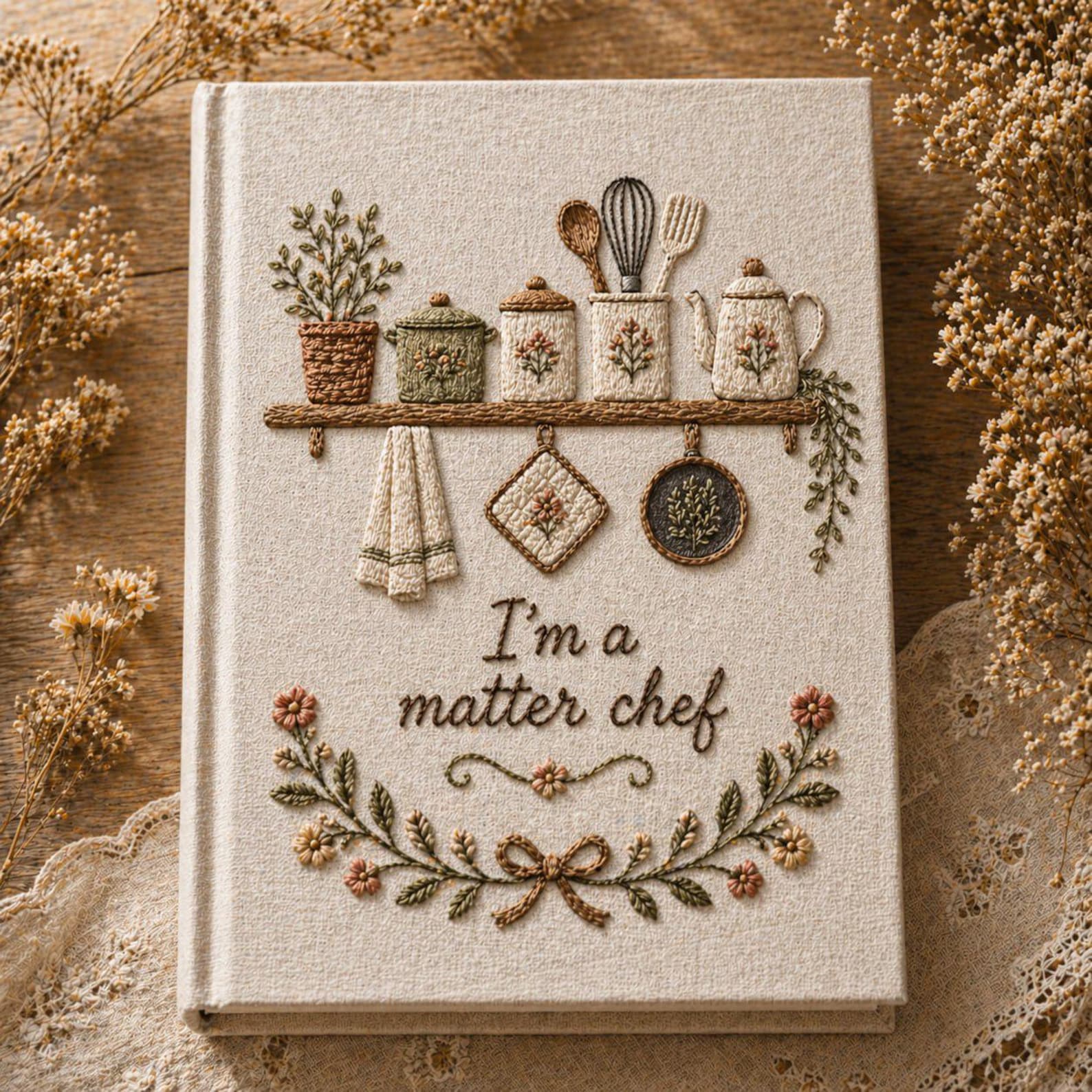 Hand embroidered recipe book featuring cottage kitchen shelf with teapot jars utensils and floral farmhouse embroidery on linen cover