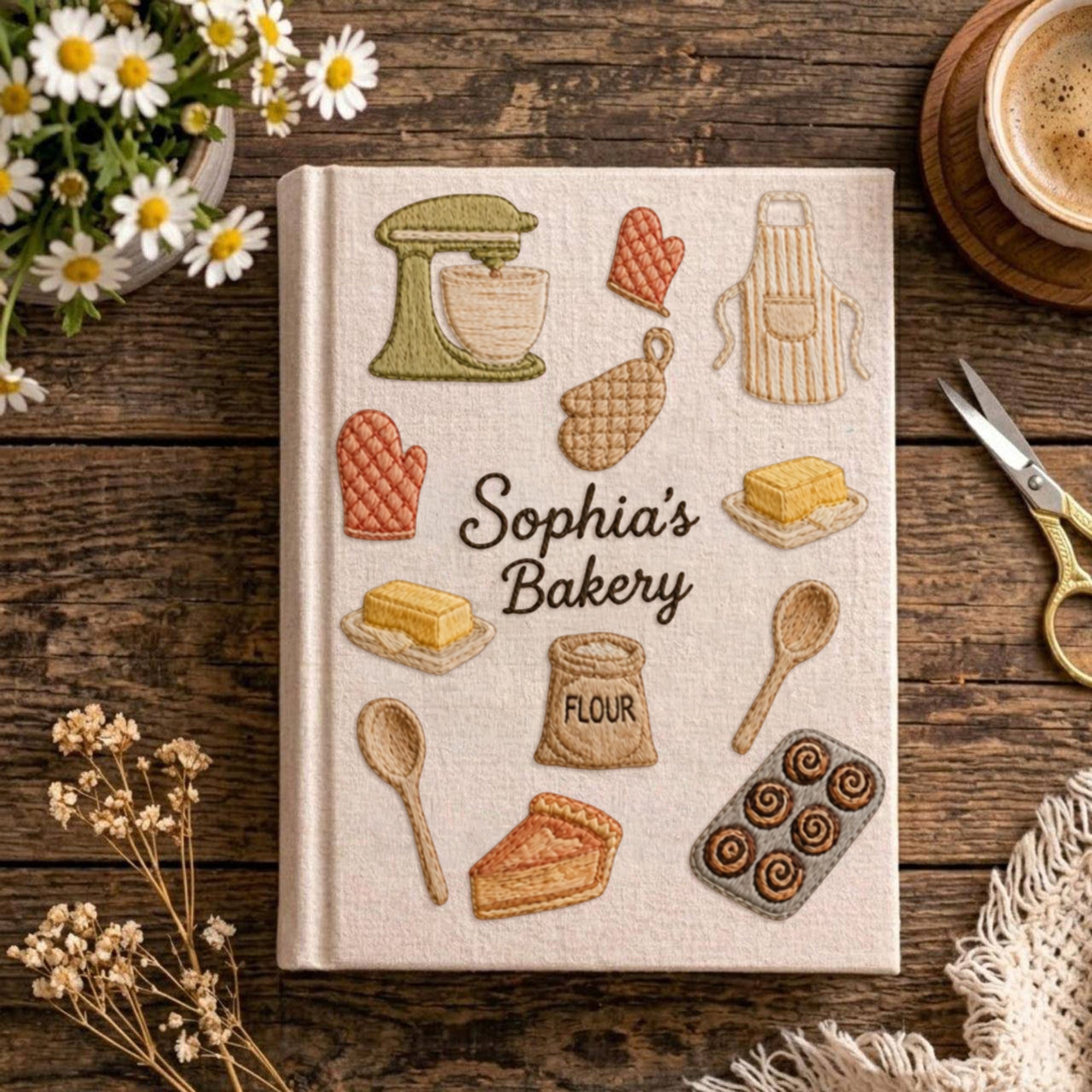Personalized embroidered bakery recipe book handmade linen cookbook kitchen journal 1