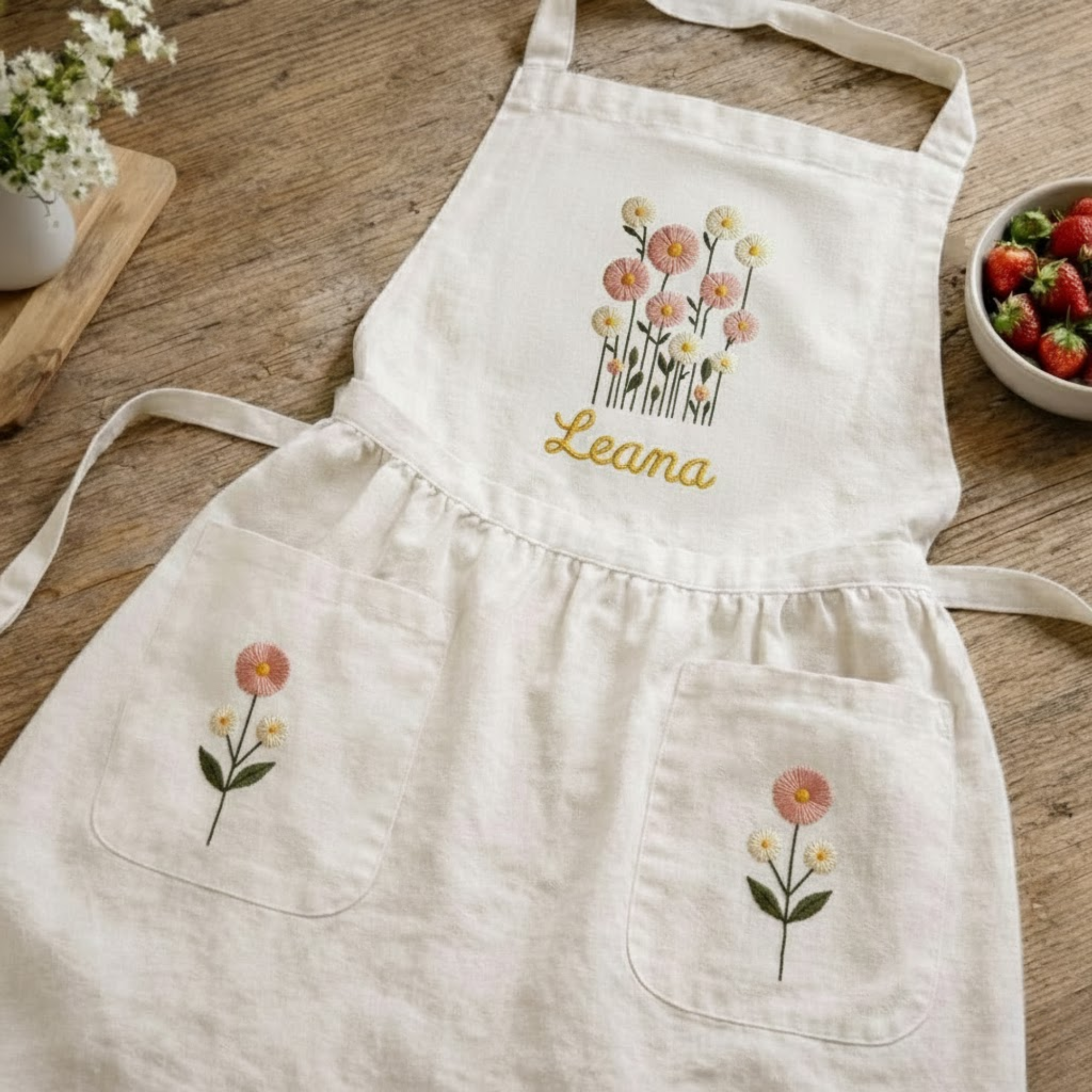 Personalized hand embroidered wildflower bouquet linen apron featuring pastel pink flowers and custom name embroidery, cottagecore floral kitchen apron gift.
