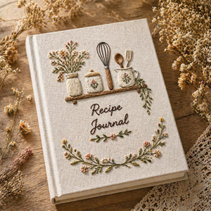 Hand embroidered recipe journal featuring floral kitchen shelf with vintage jars whisk baking utensils and botanical wreath on linen cover