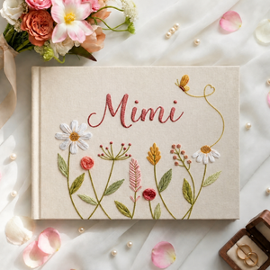 Personalized romantic wildflower hand embroidered linen notebook with butterfly heart trail and custom name
