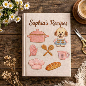 Personalized embroidered puppy baking recipe journal handmade linen cookbook 3