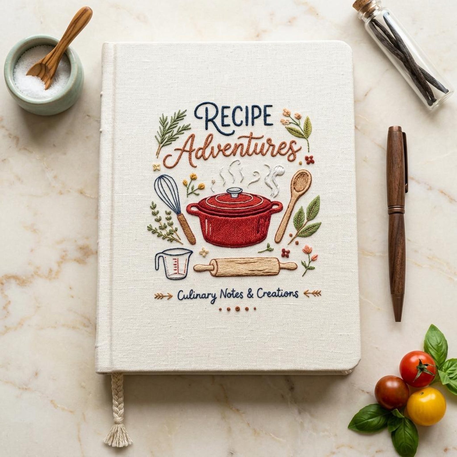 Hand embroidered recipe book featuring Dutch oven, whisk, measuring cup, rolling pin, wooden spoon, herbs, and culinary themed design on linen cover.