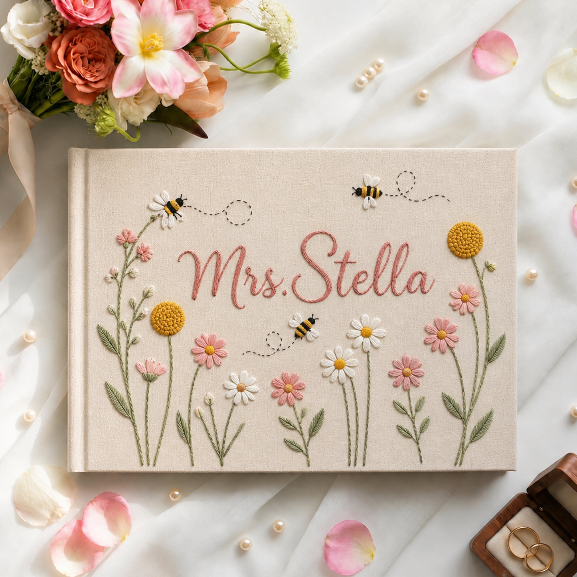 Personalized daisy bee garden hand embroidered linen notebook with floral embroidery and custom name