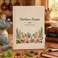Personalized heirloom recipe collection hand embroidered recipe book featuring herbs, whisks, spices, mortar and pestle, copper cookware, and farmhouse kitchen motifs on linen cover