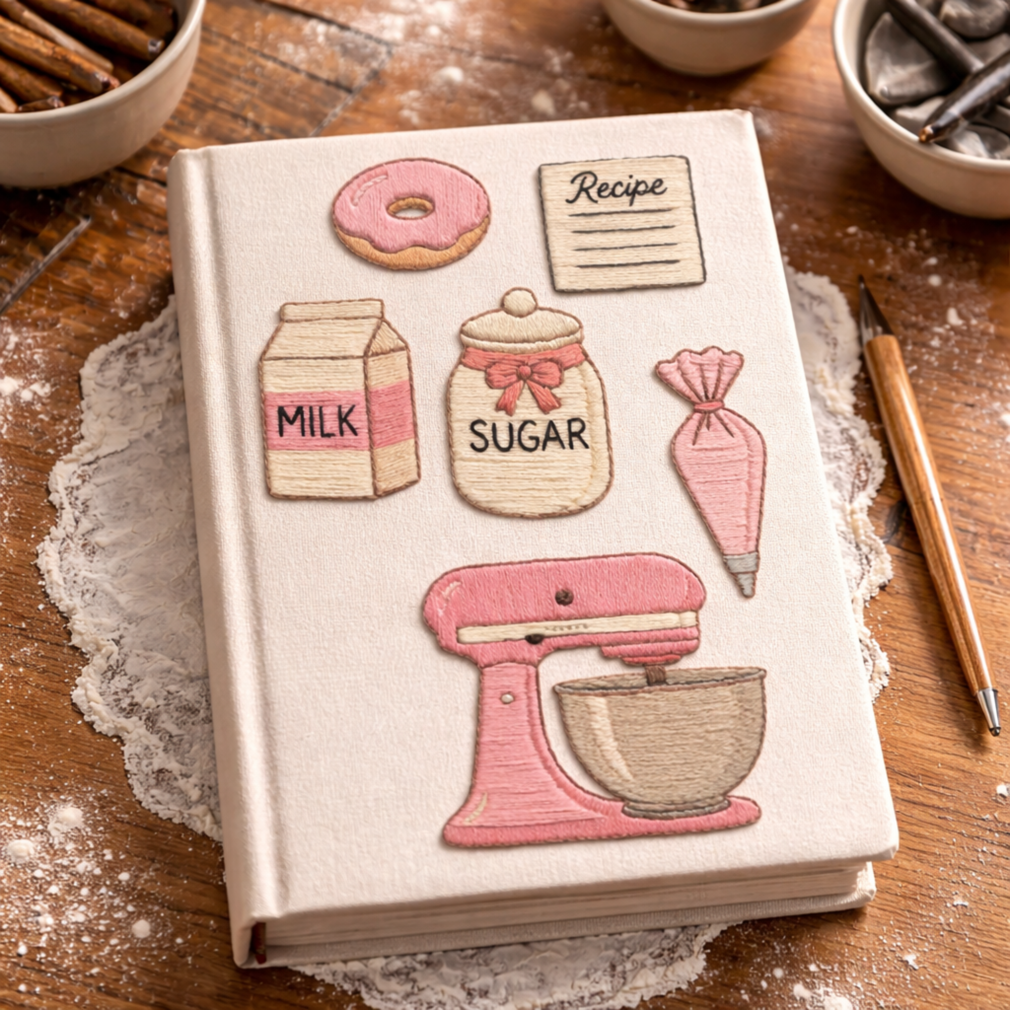 Hand embroidered recipe book featuring mixer milk sugar donut recipe card and baking tools