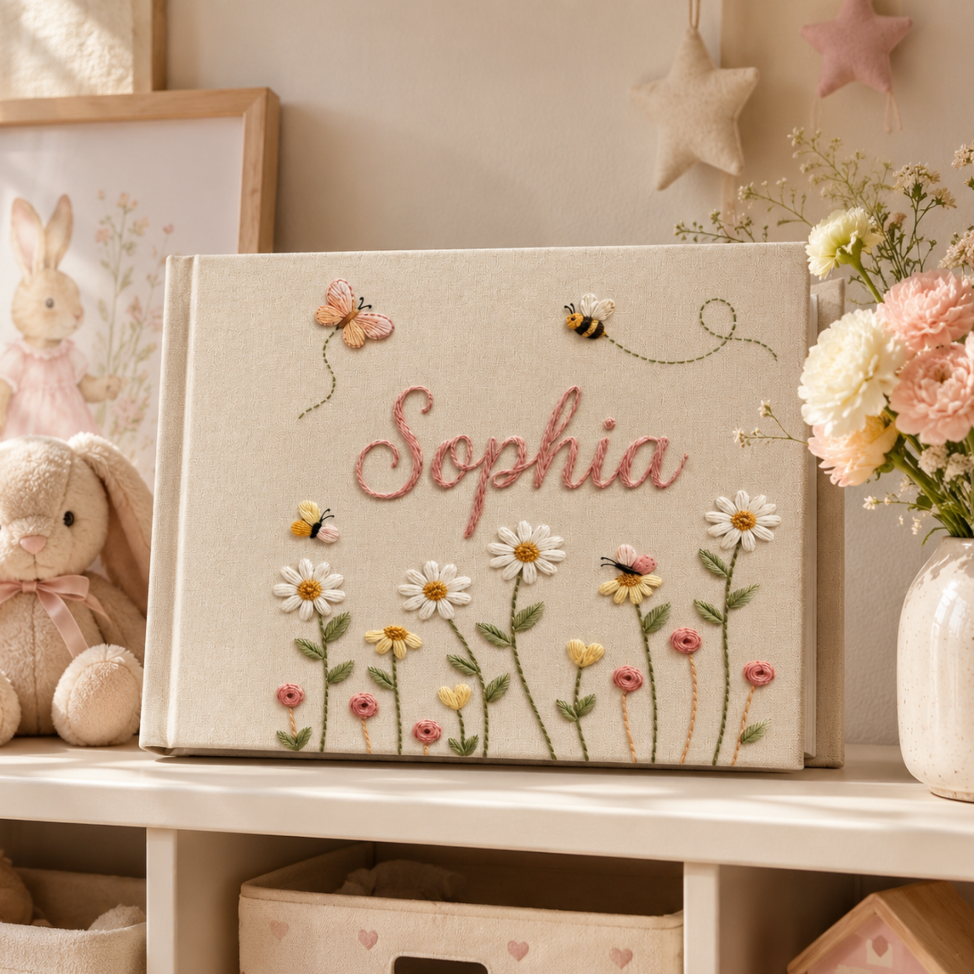 Personalized daisy bee butterfly hand embroidered linen notebook with floral meadow and custom name