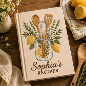 Personalized lemon herb kitchen hand embroidered recipe book featuring mason jar, whisk, wooden spoon, spatula, lemons, rosemary, and botanical embroidery