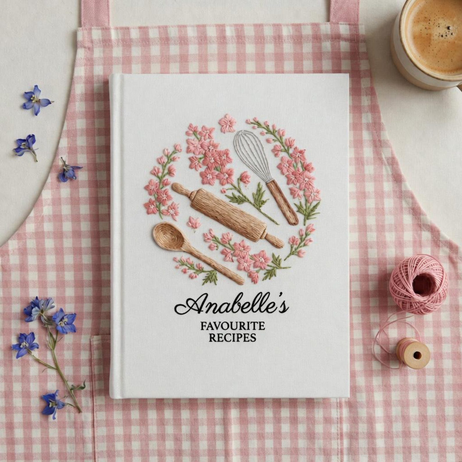 Personalized hand embroidered recipe book featuring pink floral wreath with rolling pin, whisk and wooden spoon on a white linen cover.