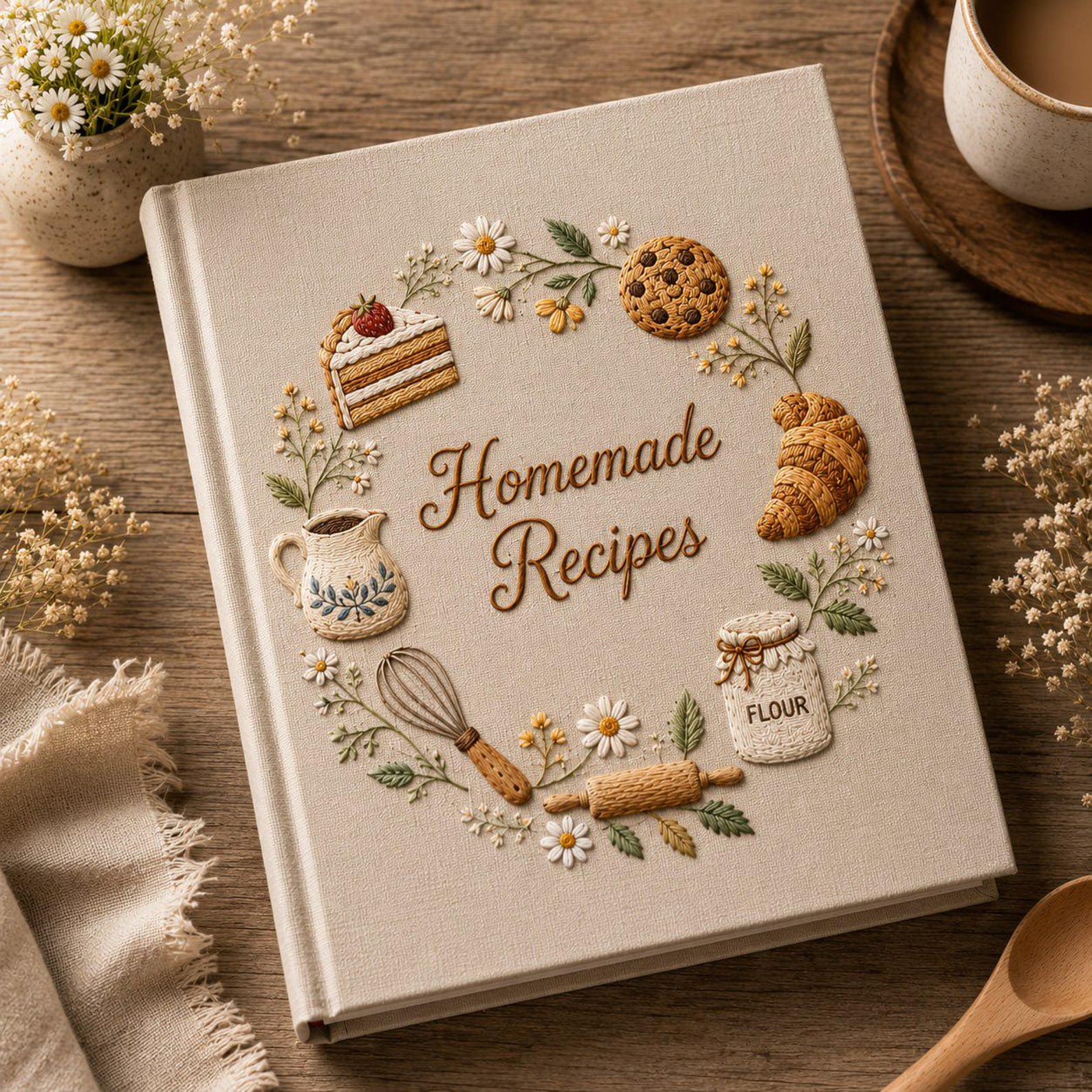 Hand embroidered recipe book featuring homemade baking illustrations including cake cookies croissants flour jar whisk rolling pin and floral accents.