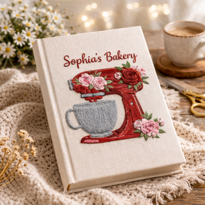 Personalized hand embroidered recipe book featuring a vintage red stand mixer decorated with blooming roses and floral accents on a linen cover.