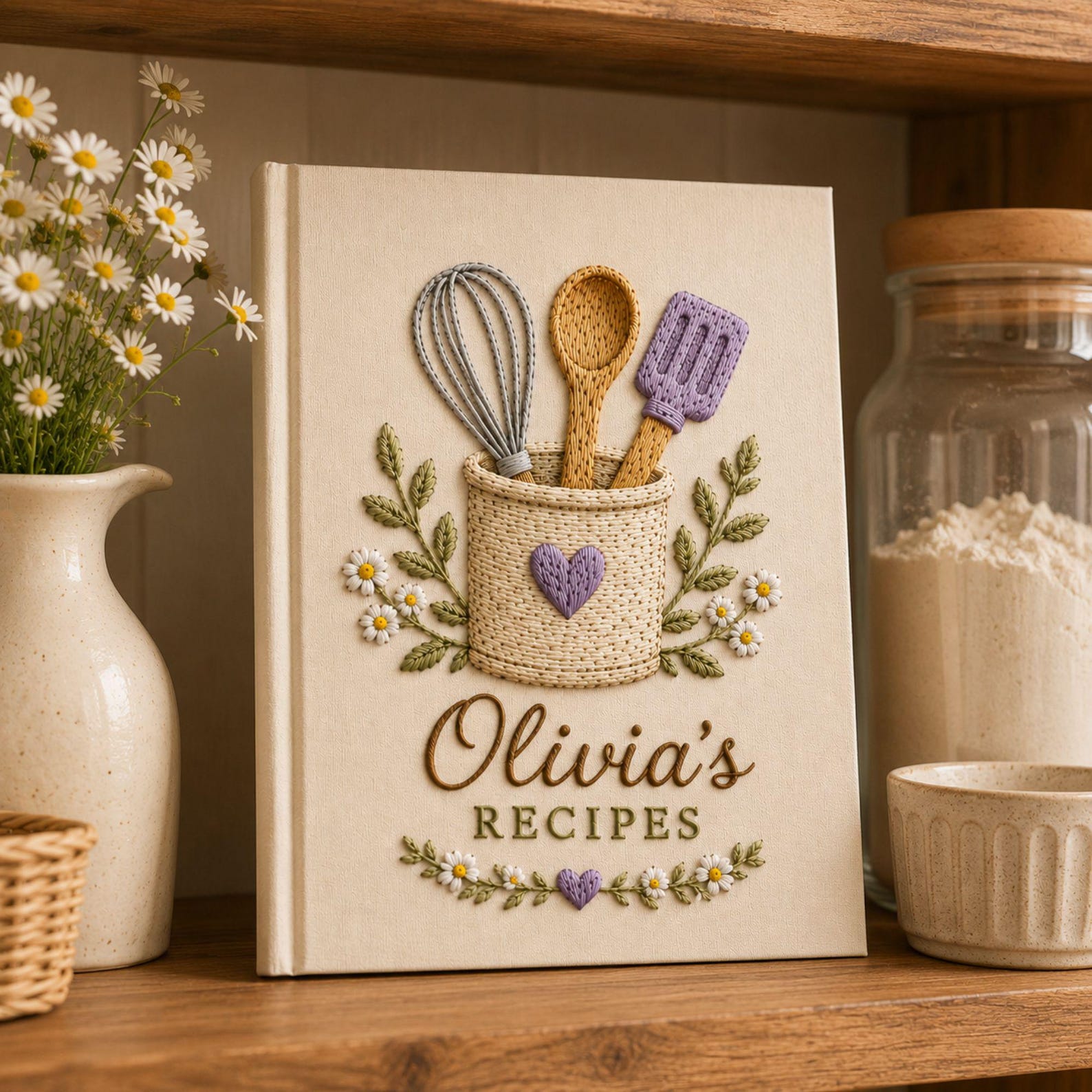 Personalized hand embroidered recipe book featuring rustic utensil holder, whisk, wooden spoon, spatula, daisies, greenery, and cottage kitchen design on linen cover.