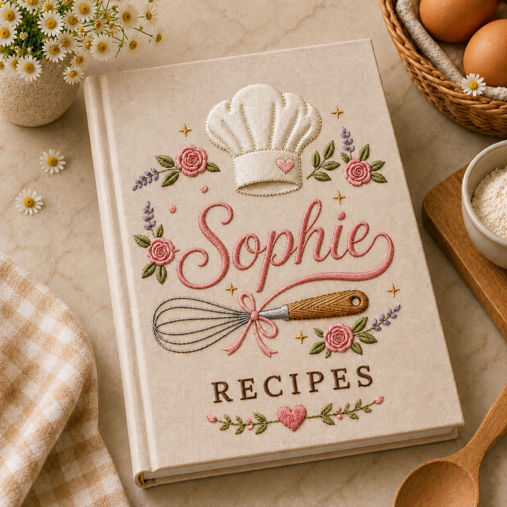 Personalized hand embroidered recipe book featuring a chef hat, whisk with ribbon, pink roses, lavender flowers and custom name embroidery on a linen cover.