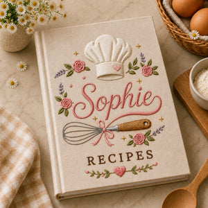 Personalized hand embroidered recipe book featuring a chef hat, whisk with ribbon, pink roses, lavender flowers and custom name embroidery on a linen cover.