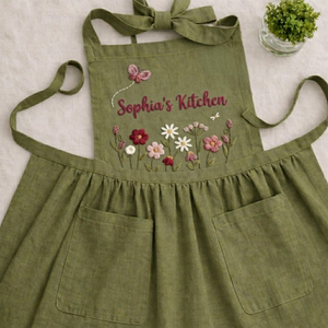Personalized hand embroidered green linen apron featuring colorful wildflowers, butterfly embroidery, botanical meadow design, and custom kitchen text.