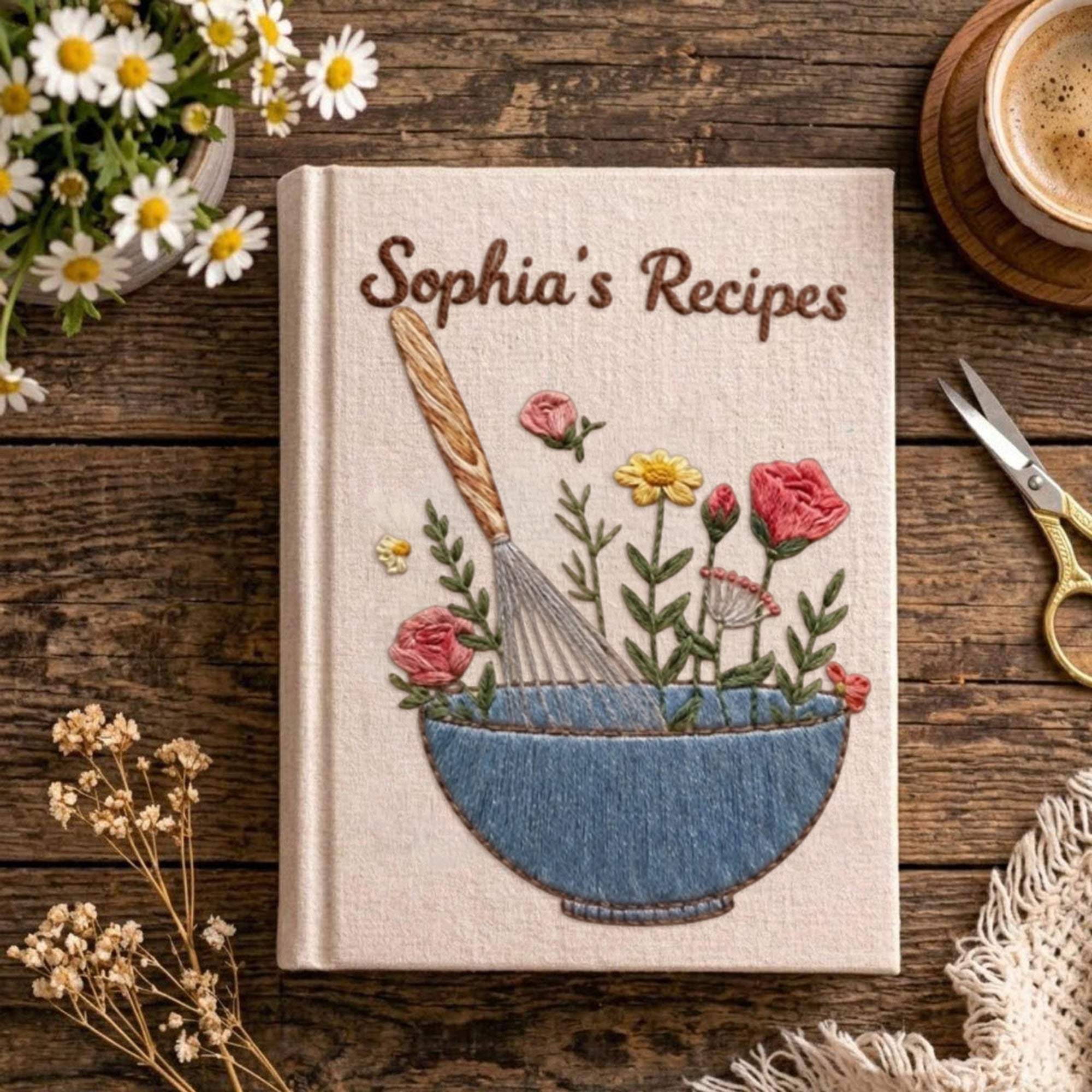Personalized embroidered floral recipe journal handmade linen cookbook with blue mixing bowl 1