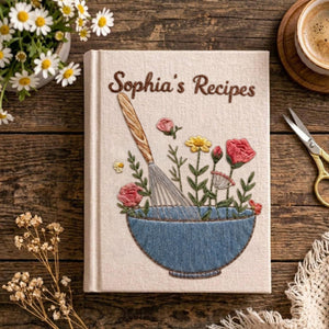 Personalized embroidered floral recipe journal handmade linen cookbook with blue mixing bowl 1