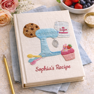 Personalized hand embroidered recipe book featuring a vintage stand mixer, cupcake, cookie, sugar bag and baking utensils on a linen cover.