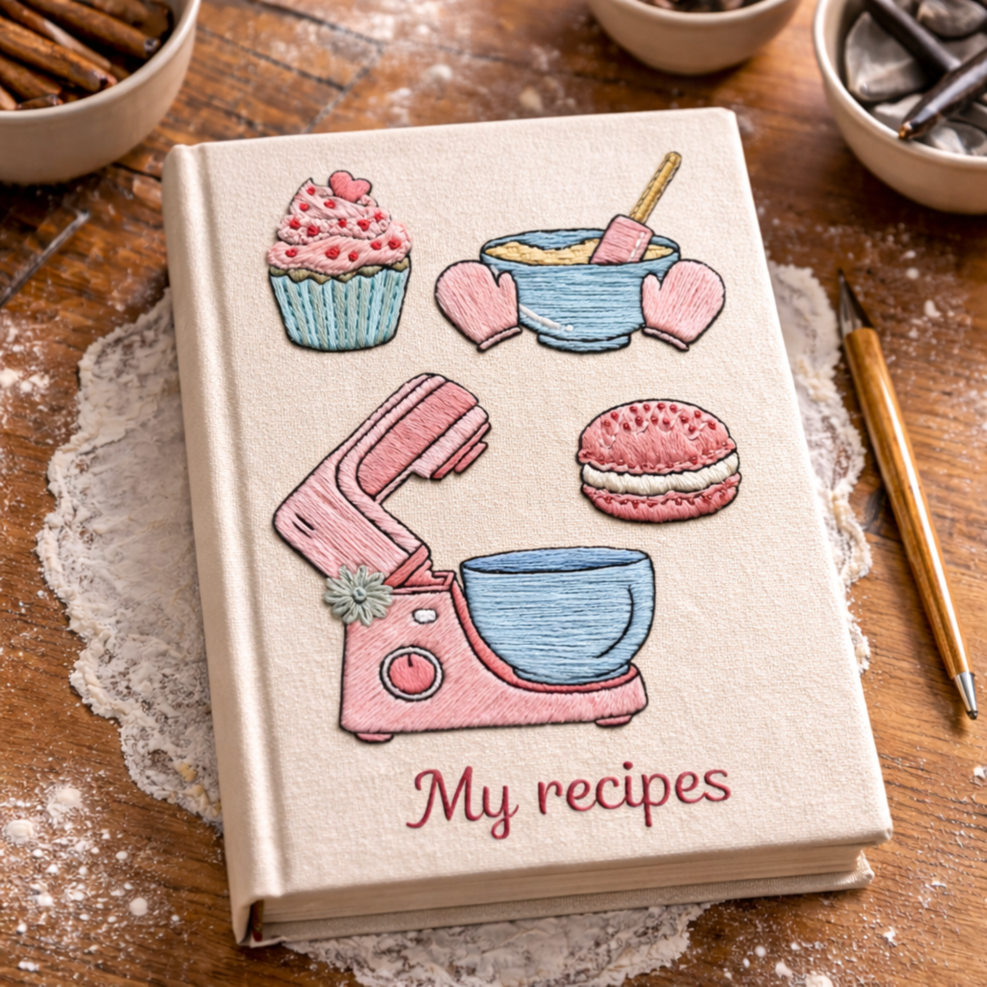 Personalized hand embroidered recipe book featuring a pastel dessert workshop theme with stand mixer, mixing bowls, cupcakes, macarons, oven mitts, and baking accessories.