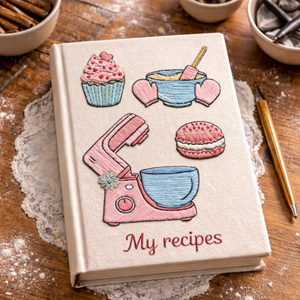 Personalized hand embroidered recipe book featuring a pastel dessert workshop theme with stand mixer, mixing bowls, cupcakes, macarons, oven mitts, and baking accessories.