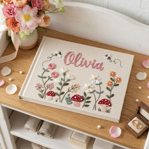 Personalized woodland mushroom garden hand embroidered linen notebook with wildflowers bees and custom name