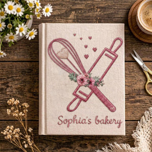 Personalized embroidered floral bakery recipe book handmade linen cookbook, Ver 1