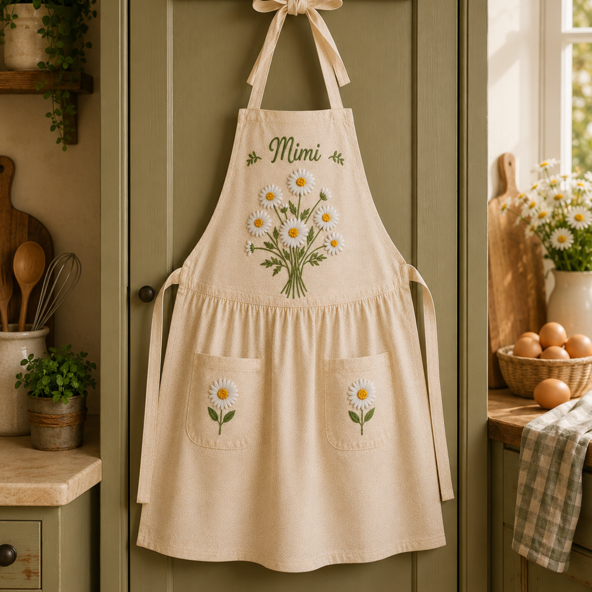 Personalized hand embroidered linen apron featuring daisy bouquet embroidery, custom name personalization, cottage garden floral design, and daisy pocket accents.