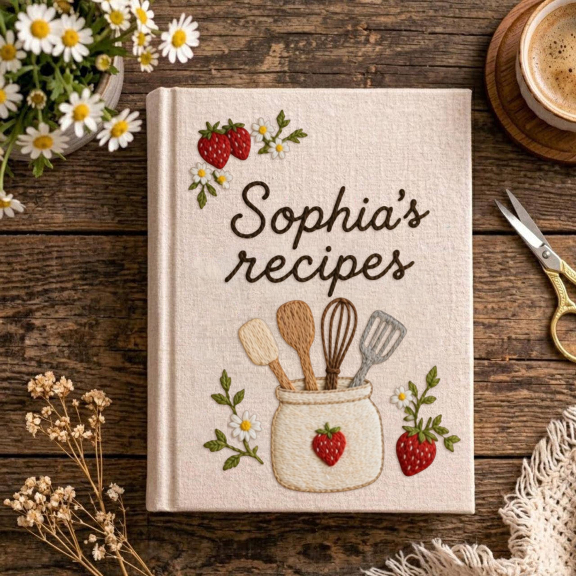 Personalized embroidered recipe book handmade linen cookbook strawberry kitchen journal 1