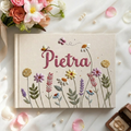 Personalized wildflower meadow hand embroidered linen notebook with botanical flowers and custom name