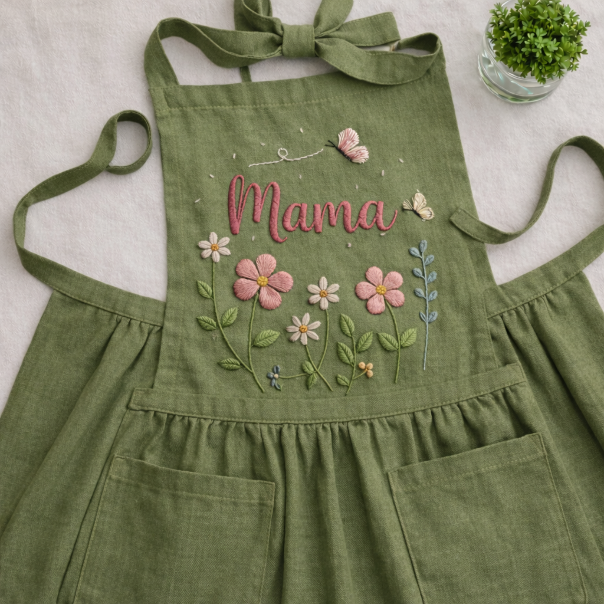 Personalized hand embroidered cottage garden apron featuring custom name, floral embroidery, butterflies, and botanical details on green linen fabric.