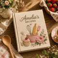 Personalized bakery flower hand embroidered recipe book with mixing bowl whisk rolling pin cupcake and floral embroidery on linen cover