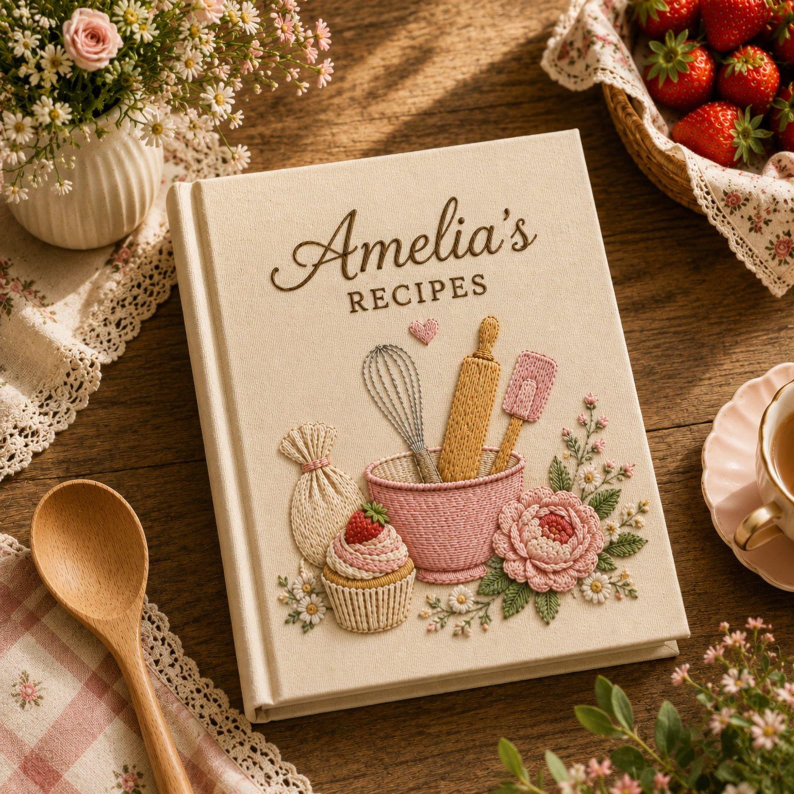Personalized bakery flower hand embroidered recipe book with mixing bowl whisk rolling pin cupcake and floral embroidery on linen cover
