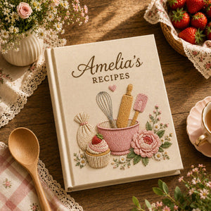 Personalized bakery flower hand embroidered recipe book with mixing bowl whisk rolling pin cupcake and floral embroidery on linen cover