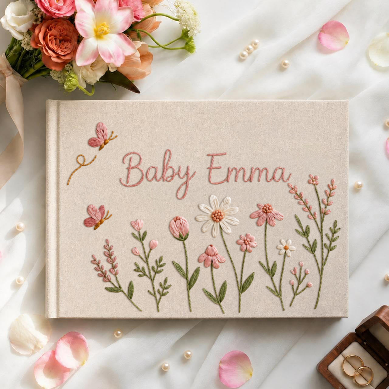 Personalized butterfly wildflower hand embroidered linen notebook with pink flowers and custom name