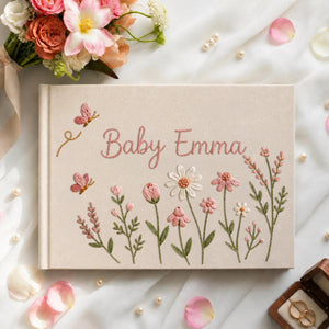 Personalized butterfly wildflower hand embroidered linen notebook with pink flowers and custom name