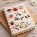 Personalized hand embroidered recipe book featuring muffins, donuts, cakes, coffee cups, jam jars, chef hat, whisk and bakery themed illustrations on linen cover.