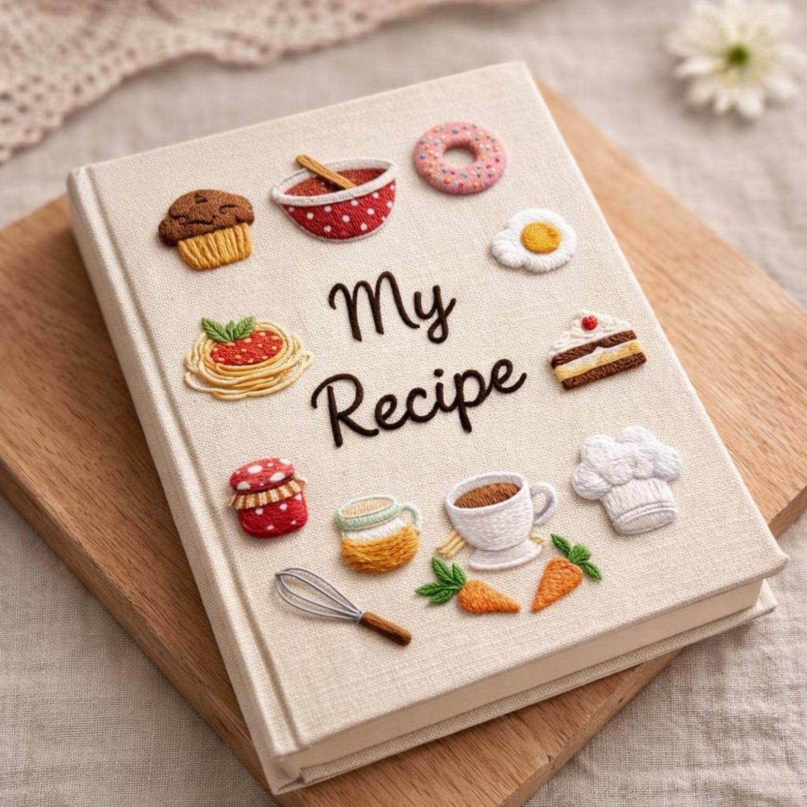Personalized hand embroidered recipe book featuring muffins, donuts, cakes, coffee cups, jam jars, chef hat, whisk and bakery themed illustrations on linen cover.