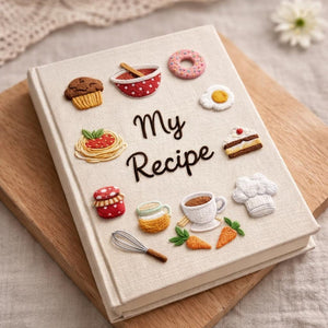 Personalized hand embroidered recipe book featuring muffins, donuts, cakes, coffee cups, jam jars, chef hat, whisk and bakery themed illustrations on linen cover.
