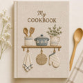 Hand embroidered recipe book featuring a farmhouse kitchen shelf with cooking utensils, floral pot, herb pitcher, oven mitt and rustic kitchen accessories.