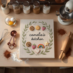 Hand embroidered recipe book featuring cookies, strawberries, rainbow cookie, heart cookie and floral wreath on linen cover.