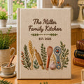 Personalized family kitchen hand embroidered recipe book featuring rolling pin whisk herbs wildflowers and farmhouse kitchen embroidery