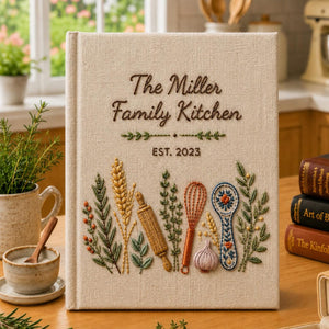 Personalized family kitchen hand embroidered recipe book featuring rolling pin whisk herbs wildflowers and farmhouse kitchen embroidery