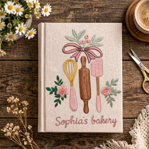 Personalized embroidered bakery recipe book handmade linen floral cookbook 1