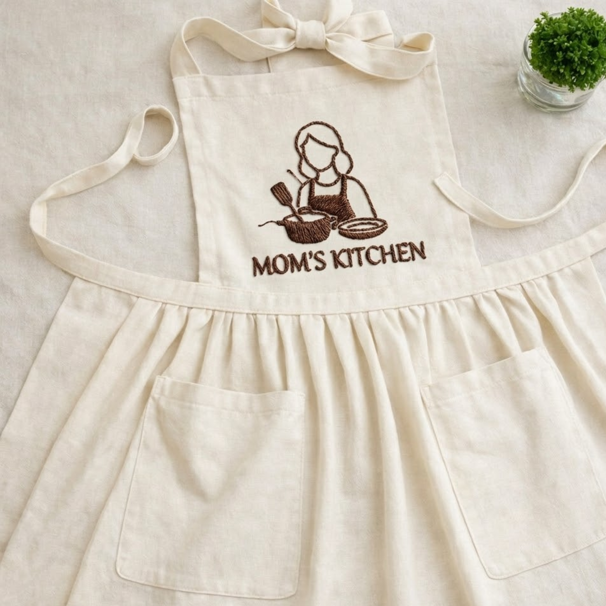 Personalized Mom's Kitchen hand embroidered linen apron featuring kitchen-inspired embroidery design, cooking apron for women, baking apron, farmhouse kitchen gift.
