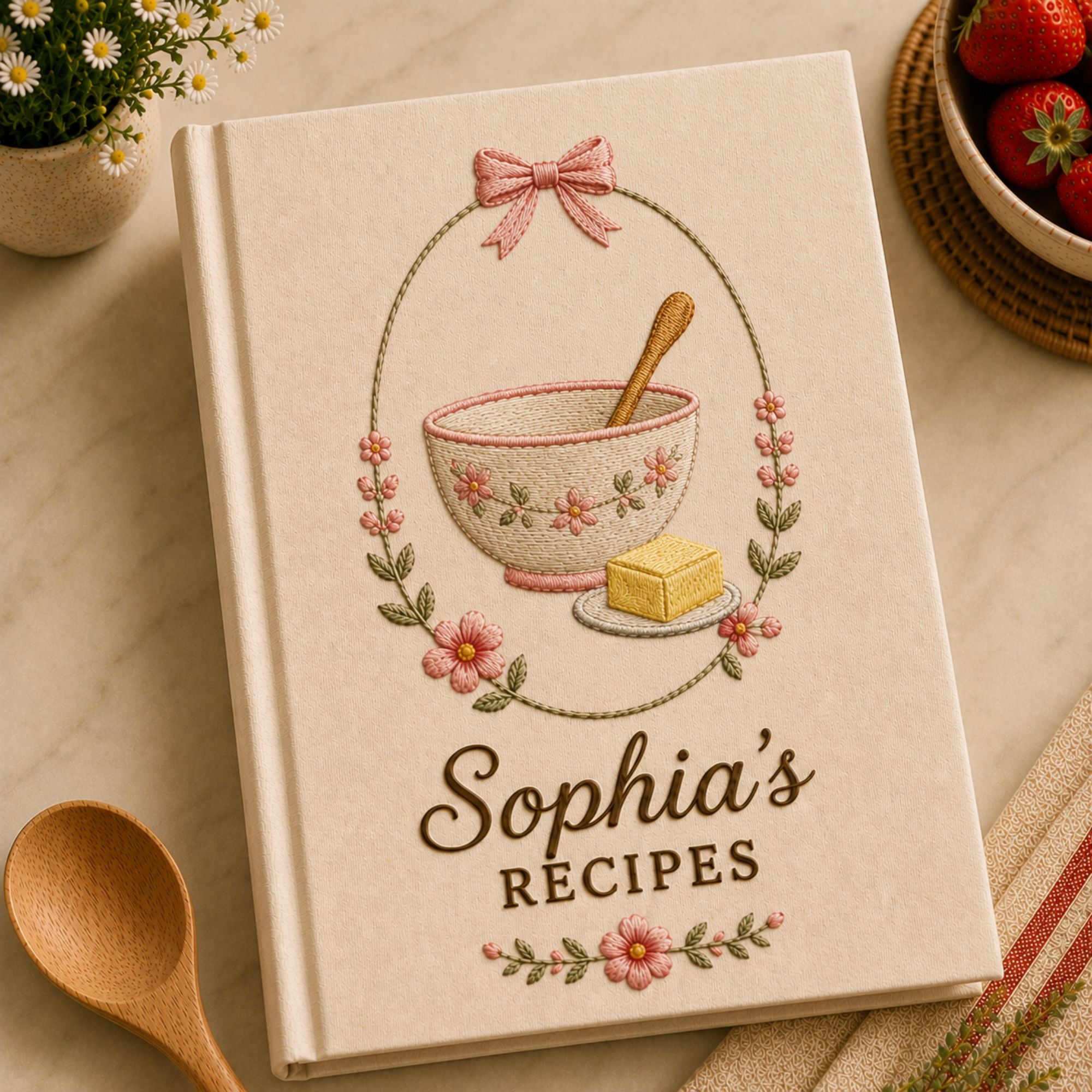 Personalized hand embroidered recipe book featuring a floral mixing bowl, wooden spoon, butter dish and pink flower wreath on a linen cover.